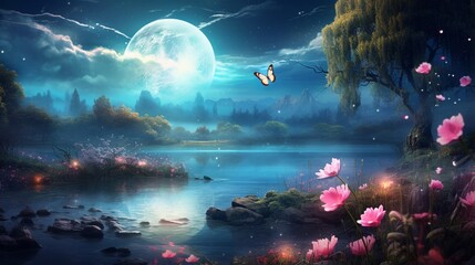 Fantasy magical enchanted fairy tale landscape with forest lake, fabulous fairytale blooming pink rose flower garden and two butterflies on mysterious blue background and glowing moon ray in night - obrazy, fototapety, plakaty