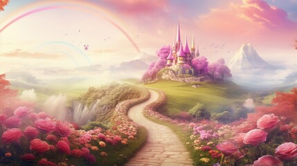 Fantasy panoramic photo background with pink rose garden, misty path leading to fabulous rainbow unicorn house Idyllic tranquil morning scene and empty copy space Road goes across hills to fairytale