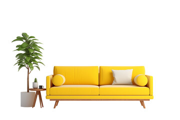 Modern living room with yellow sofa and potted plants, in the style minimal, isolated on white and transparent background