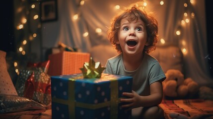 Surprised and happy kid with a gift 