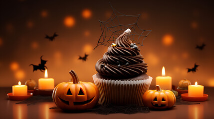 halloween pumpkins and candles.  Delicious Pumpkin Pie Cupcake with Beautiful Frosting  Cupcakes..AI Generative 