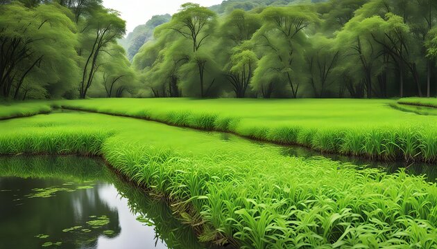 Calm peaceful field beside a still pond