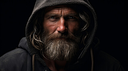 An old man with a beard and a hoodie on a black background