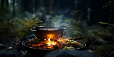 Foto op Canvas kettle on fire and meat,Campfire Cooking,Cooking Pot Near,Delicious and hot hunters stew on bonfire food,Gourmet Campfire: Delicious and Hot Stew on Bonfire Food,bonfire banquet, delicious and hot,  © Saim