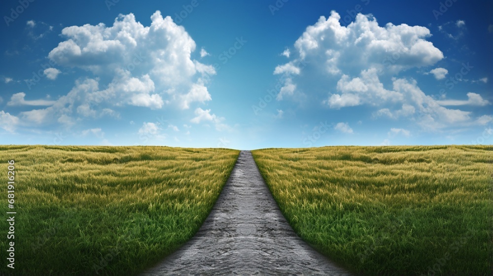 Poster fork in the road horizon with grass and blue sky showing a fork in the road representing the concept