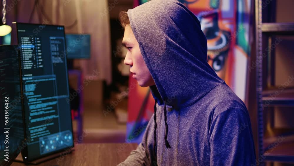 Poster lone wolf hacker in secret hideout trying to hide his online activity after stealing data from victi