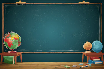 A classroom with a chalkboard and a globe template background - obrazy, fototapety, plakaty