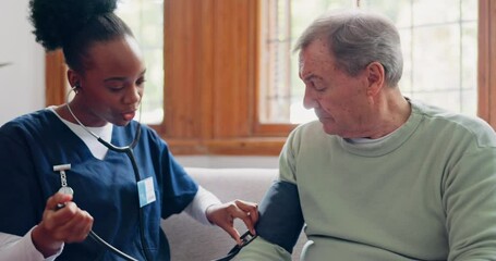 Doctor, woman or blood pressure of patient in home for medical after surgery, recovery or rehabilitation. Diversity, people or elderly care in hospital, facility or clinic with results for health - Powered by Adobe