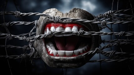 Freedom of speech crisis concept and censorship in expression of ideas symbol as a human tongue wrapped in old barbed wire as a metaphor for political correctness pressure to restrain free talk - obrazy, fototapety, plakaty