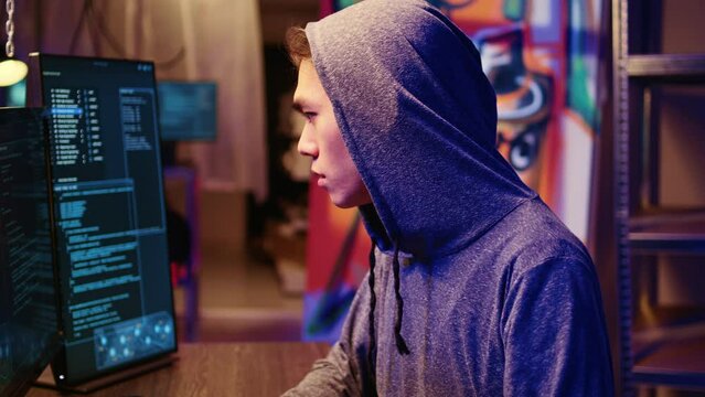 Lone wolf hacker in secret hideout trying to hide his online activity after stealing data from victims using computer virus, trying to avoid being detected, extreme close up shot