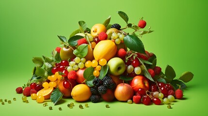 Fruit mix on green background