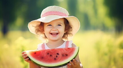 Funny kid eating watermelon outdoors in summer park Child, baby, healthy food