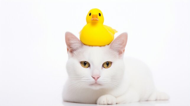 Funny white cat with a yellow rubber duck on his head, on a white background