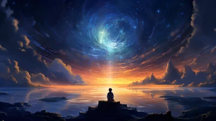 Foto op Canvas A boy sitting on top of a cliff looking at the magical sky full of stars © Eduardo
