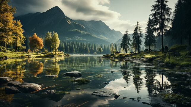 lake in the morning HD 8K wallpaper Stock Photographic Image 