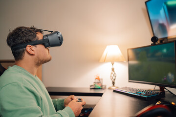 Concentrated player using Virtual reality goggles and joystick