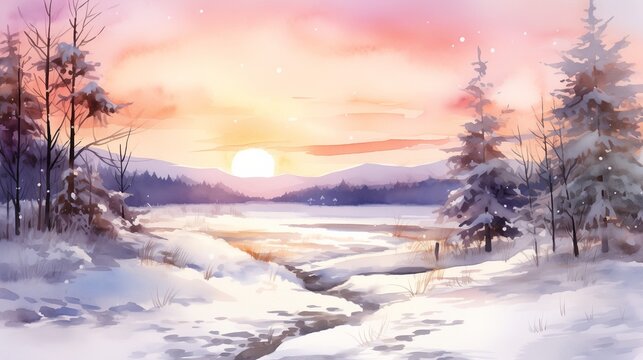 夕日に染まる大自然の雪景色を描いた水彩画