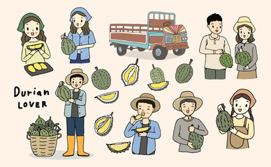 Thailand Durian Gardeners Character Set, hand drawn style Vector