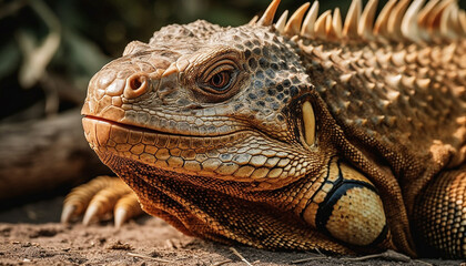 Obraz premium Green iguana crawling on branch in tropical rainforest habitat generated by AI