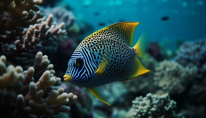 Fototapeta na wymiar Colorful school of fish swim in natural reef environment below water generated by AI