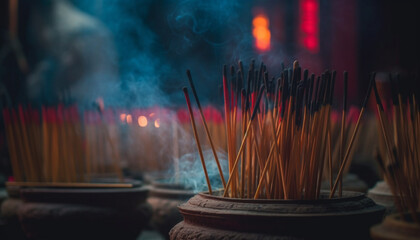 Burning incense ignites spirituality, glowing candlelight illuminates religious ceremony indoors generated by AI