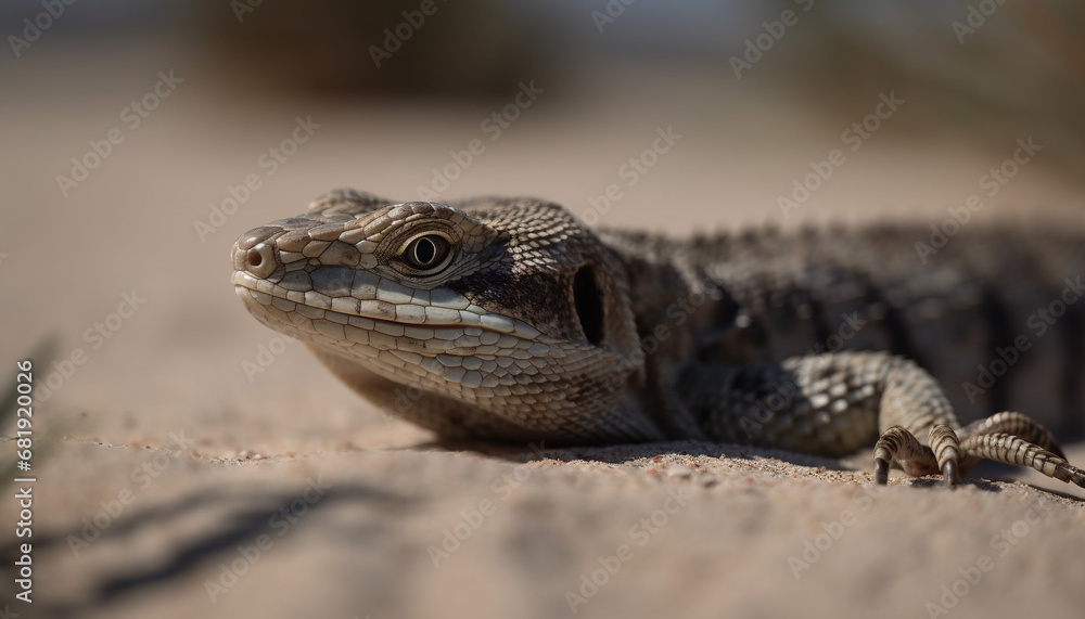 Wall mural endangered iguana crawls on sand, its blue eye looking out generated by ai