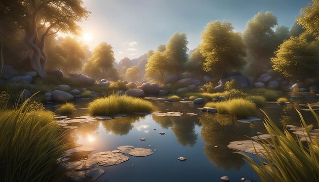 Beautiful peaceful scenery of forest with calm pond
