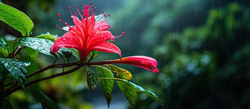 In the heart of the rainforest, a colorful and beautiful flower blooms, its vibrant red petals contrasting against the lush green vegetation, its sweet aroma beckoning wildlife with its nectar