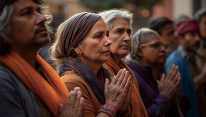 Obraz premium Mature women praying in multi ethnic group, enjoying togetherness outdoors generated by AI