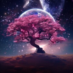 A fantastic cherry blossom tree in the sky surrounded by stars