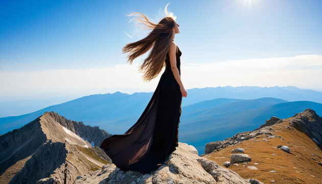 Peak Beauty: Woman with Long Hair on Mountain Top