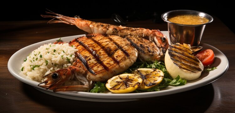 An Italian seafood feast, with a grilled branzino fish, calamari, and prawns, drizzled with lemon and served with a side of risotto.