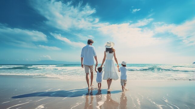 Happy family having fun on the beach Mother and father holding son against blue sea and sky background Summer vacation concept