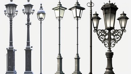 Real vintage street lamp posts lanterns set five outdoor isolated white background light lamp-post lantern retro decorative picture 5 object cut-out ancient antique old urban architecture classic - obrazy, fototapety, plakaty