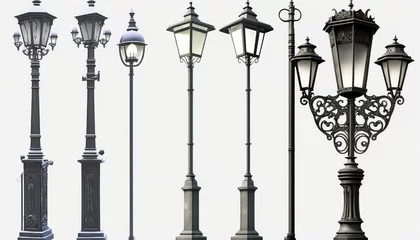 Fotobehang Real vintage street lamp posts lanterns set five outdoor isolated white background light lamp-post lantern retro decorative picture 5 object cut-out ancient antique old urban architecture classic © akkash jpg