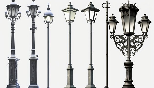 Real vintage street lamp posts lanterns set five outdoor isolated white background light lamp-post lantern retro decorative picture 5 object cut-out ancient antique old urban architecture classic