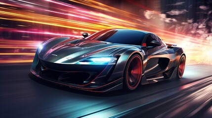 Obraz na płótnie Canvas High speed black sports car - street racer concept (with grunge overlay) - 3d illustration