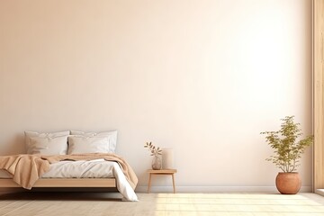 minimalist cozy bedroom with a comfortable bed and a scenic view from window. Good morning sunrise Generative AI