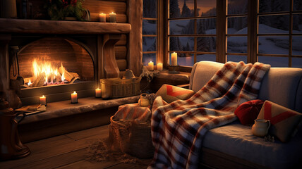 Warm and Cozy Interior with a Fireplace, a Sofa, and Blankets