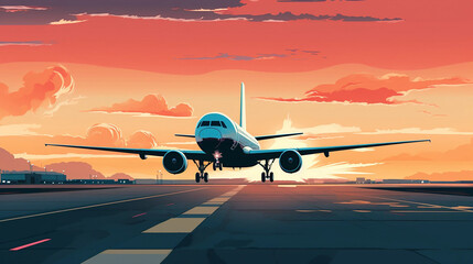 An Illustration of a Passenger Jet Taking Off or Landing on an Airport Tarmac - obrazy, fototapety, plakaty
