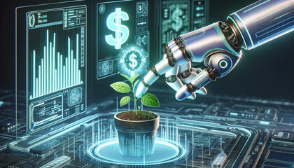An image of a robotic hand carefully positioning a seedling into a futuristic pot adorned with a holographic dollar sign - Generative AI - obrazy, fototapety, plakaty