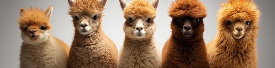 Five Alpacas in Various Shades of Orange and Brown Against a Serene Gray Backdrop