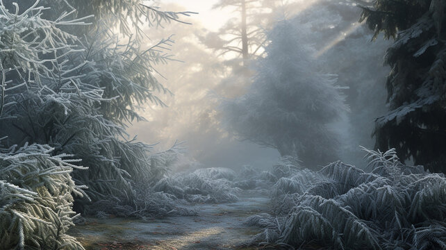 Winter Wonderland: Blurred Evergreen Trees with Frost on Branches in a Garden Scene