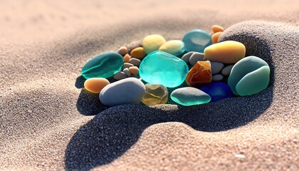 Fototapeta na wymiar Pile sea glass pebbles sand background beach glasses pebble stack nature closeup collection colours conceptual copy crystal decoration detail glassware green horizontal natural polished rounded