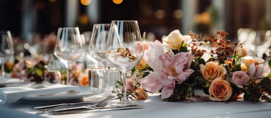 In the luxurious interior of a restaurant, a white tablecloth adorned with vibrant flowers sets the stage for a romantic wedding celebration. The table, beautifully decorated with silverware and - obrazy, fototapety, plakaty