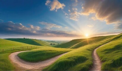 Obraz premium Panoramic natural landscape with green grass field, blue sky with clouds and mountains in background.