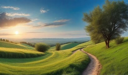 Obraz premium Panoramic natural landscape with green grass field, blue sky with clouds and mountains in background.