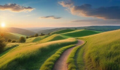 Obraz premium Panoramic natural landscape with green grass field, blue sky with clouds and mountains in background.