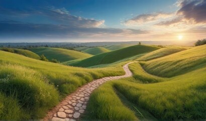 Fototapeta premium Panoramic natural landscape with green grass field, blue sky with clouds and mountains in background.