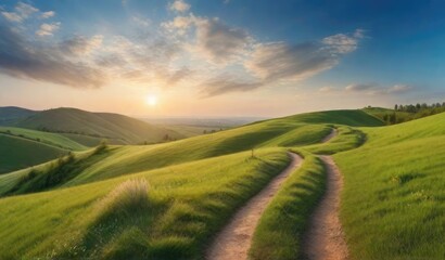 Obraz premium Panoramic natural landscape with green grass field, blue sky with clouds and mountains in background.